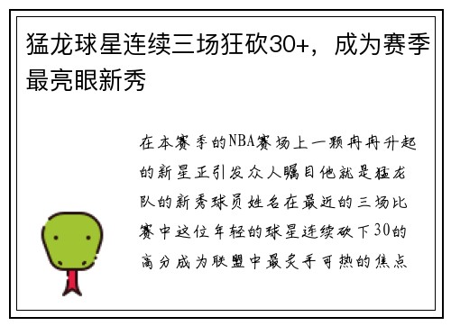 猛龙球星连续三场狂砍30+，成为赛季最亮眼新秀